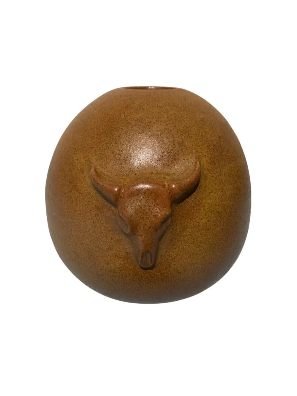 Pottery Brown Round Bud Vase With Embossed Bull Cow Steer Skull